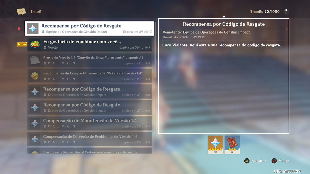 Mais um Código de Resgate (Primogemas Grátis) Genshin Impact