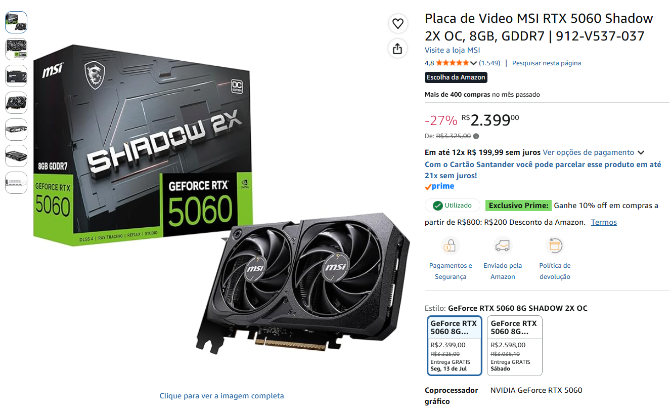 MSI GeForce RTX 5060 Shadow 2X OC amazon prime day